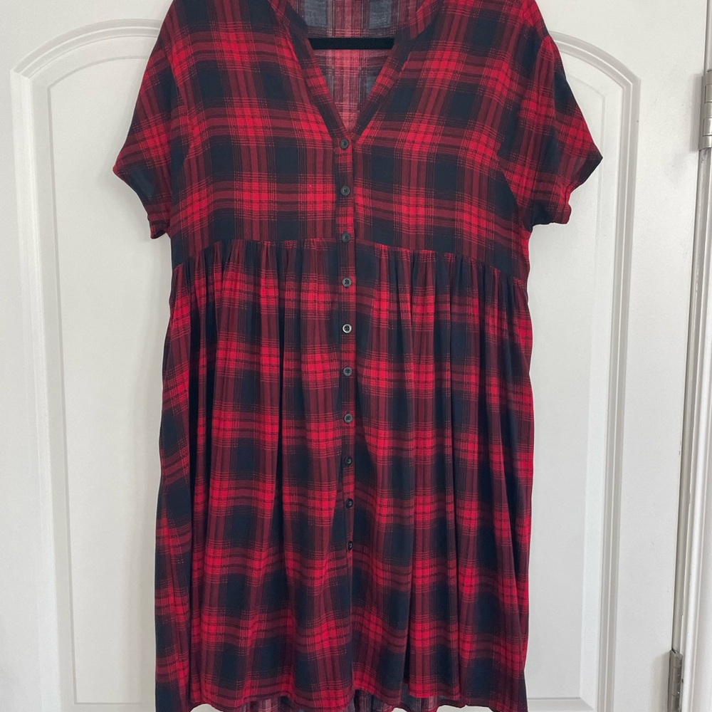 Anthropologie Red and Black Plaid Button-Up Dress